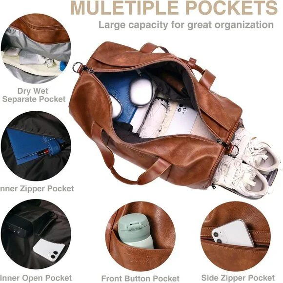3-in-1 Leather Duffle Bag for Travel with Toiletry Bag and Shoe Compartment, Wee